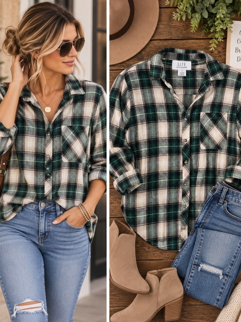 L.I.F.E. Green Plaid Flannel Shirt 100% Cotton Button Up S Fall Perfection!!